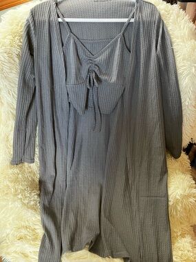 Waffle Knit Two-Piece Lounge Set in Charcoal Gray